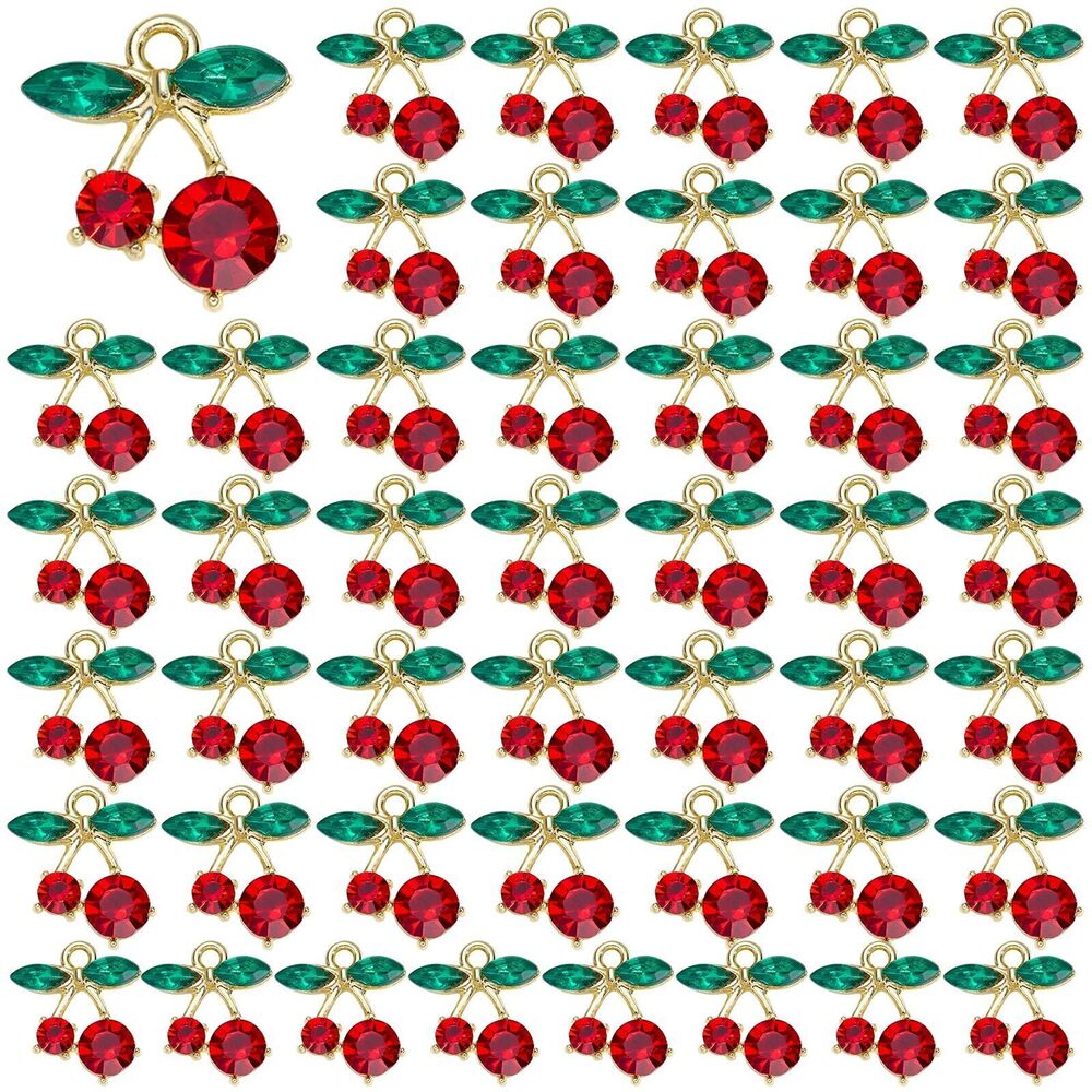 2348 50Pcs Cherry Charms for Jewelry Making Alloy Rhinestone Pendants Red